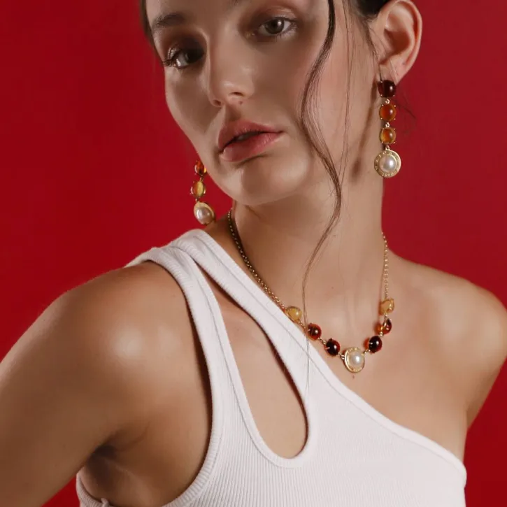 Discount Majorica Algaida Golden Necklace With Half-Ball Pearl And Amber Murano Glass