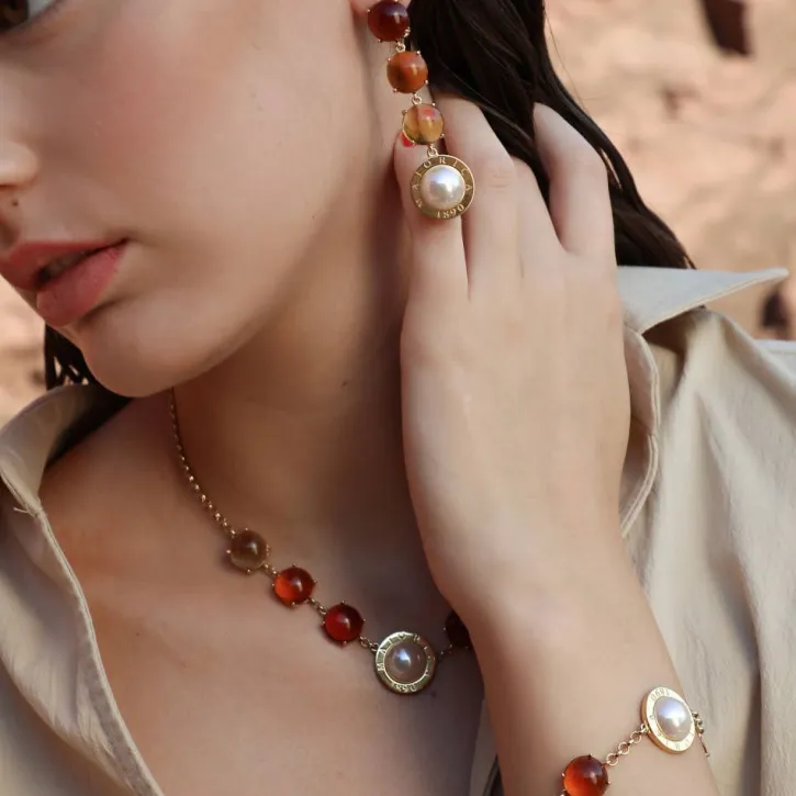 Discount Majorica Algaida Golden Necklace With Half-Ball Pearl And Amber Murano Glass