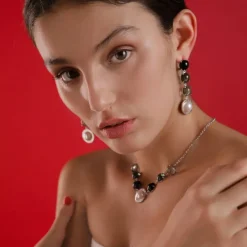 Outlet Majorica Algaida Silver Button Earrings With Black Murano Glass