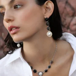Outlet Majorica Algaida Silver Button Earrings With Black Murano Glass