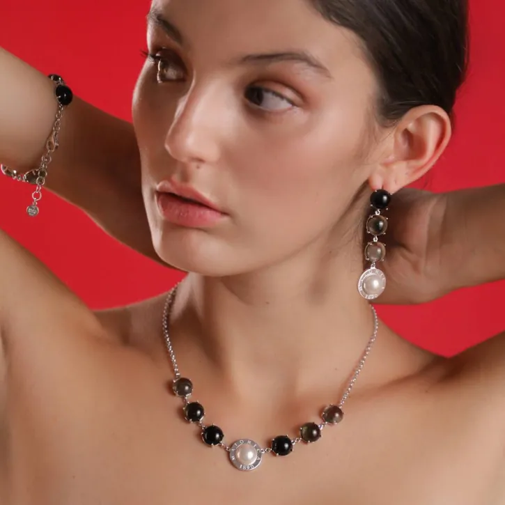 Outlet Majorica Algaida Silver Button Earrings With Black Murano Glass