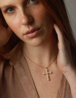 Cheap Majorica Crosses Collection Gold Pendant With White Pearl