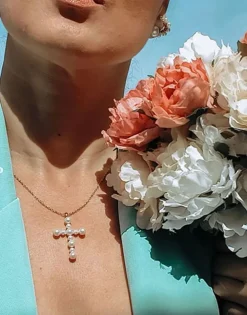 Cheap Majorica Crosses Collection Gold Pendant With White Pearl