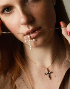 Cheap Majorica Crosses Collection Gold Pendant With White Pearl