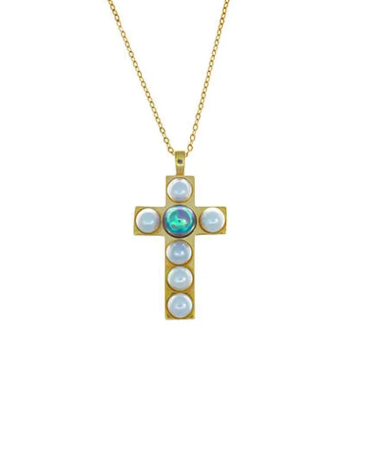 Online Majorica Crosses Collection Gold Pendant With White And Gray Half-Pearl