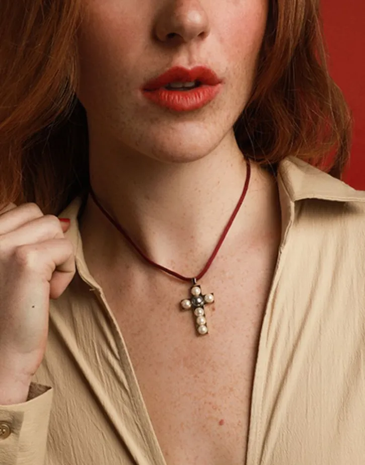 Online Majorica Crosses Collection Gold Pendant With White And Gray Half-Pearl
