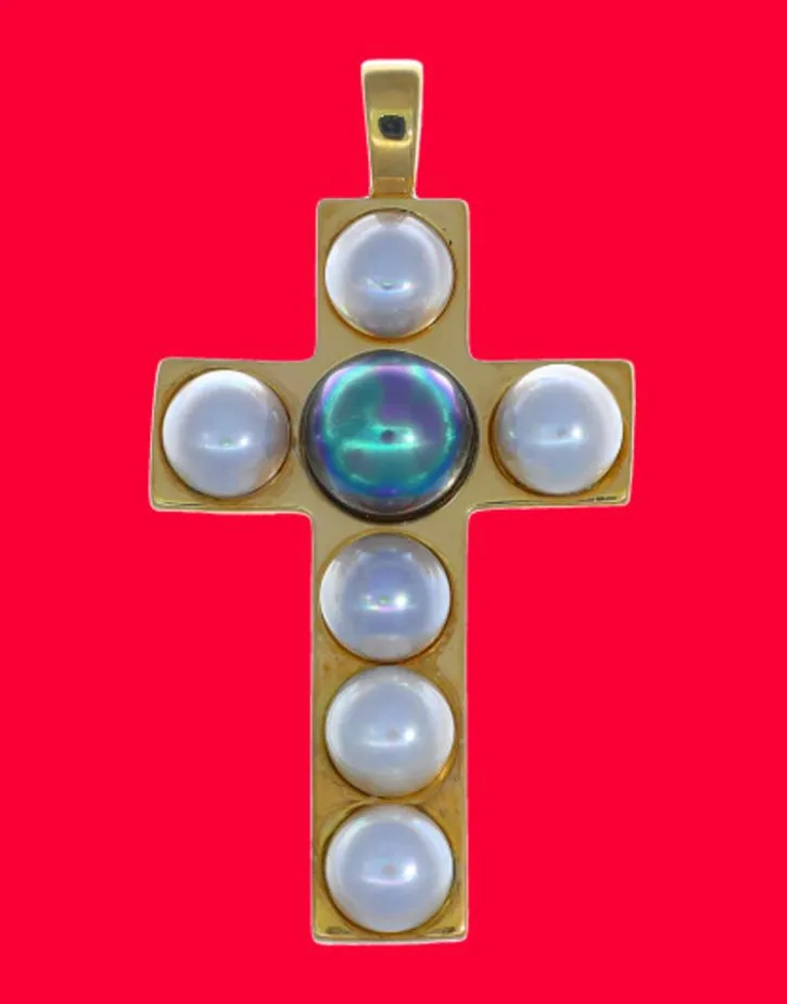 Online Majorica Crosses Collection Gold Pendant With White And Gray Half-Pearl