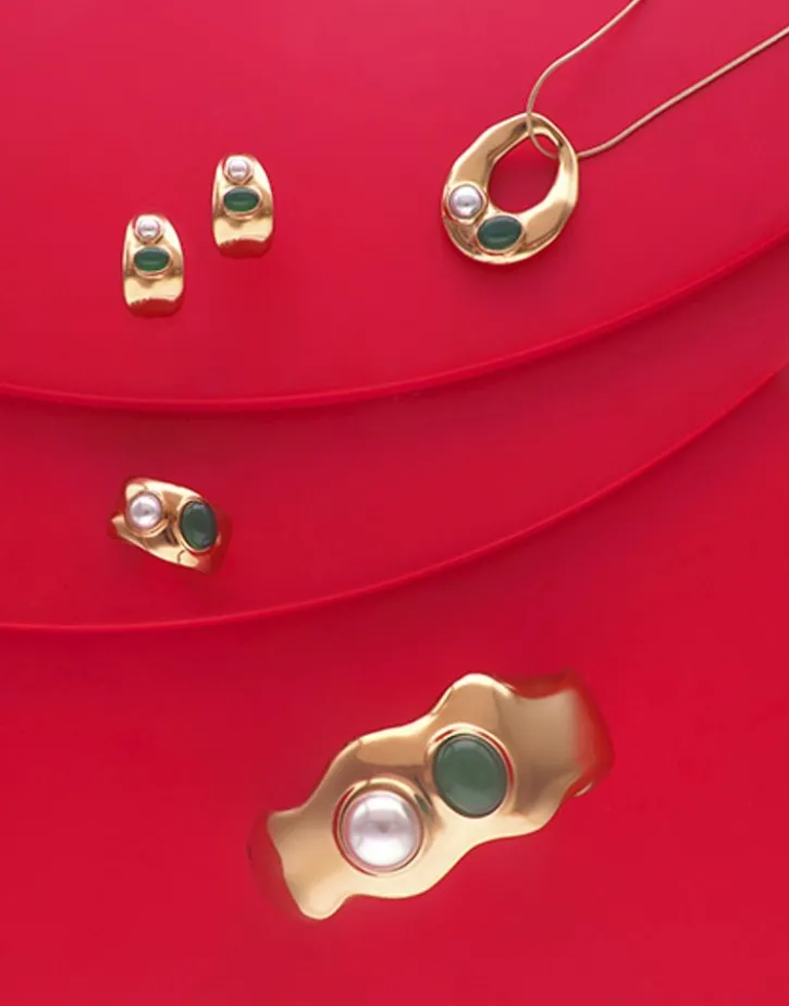Outlet Majorica Gold Feme Ring With White Pearl And Green Agate