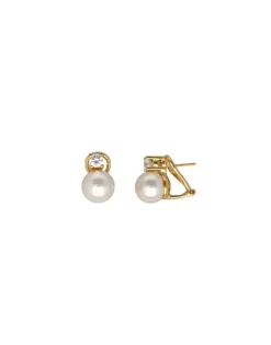 New Majorica Gold Plated Earrings Selene With 10Mm White Pearl And Zircons