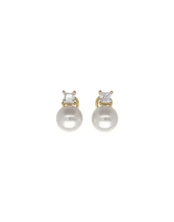 Fashion Majorica Golden Silver Earrings Selene With 12Mm White Pearl And Zircons