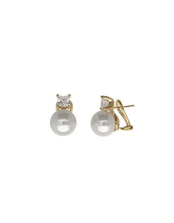 Fashion Majorica Golden Silver Earrings Selene With 12Mm White Pearl And Zircons
