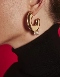 Hot Majorica Juno Large Hoop Earrings In Gold Steel And Pearl