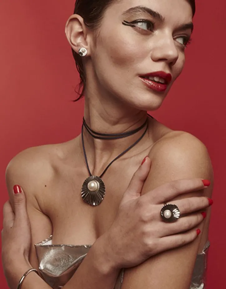 Discount Majorica Large Le Palm Steel Ring With White Pearl
