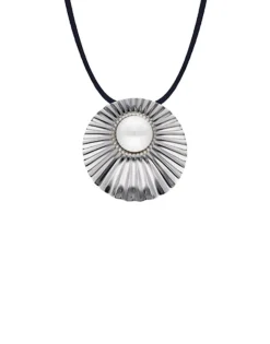 Store Majorica Le Palm White Pearl Steel Necklace With Blue Silk Cord