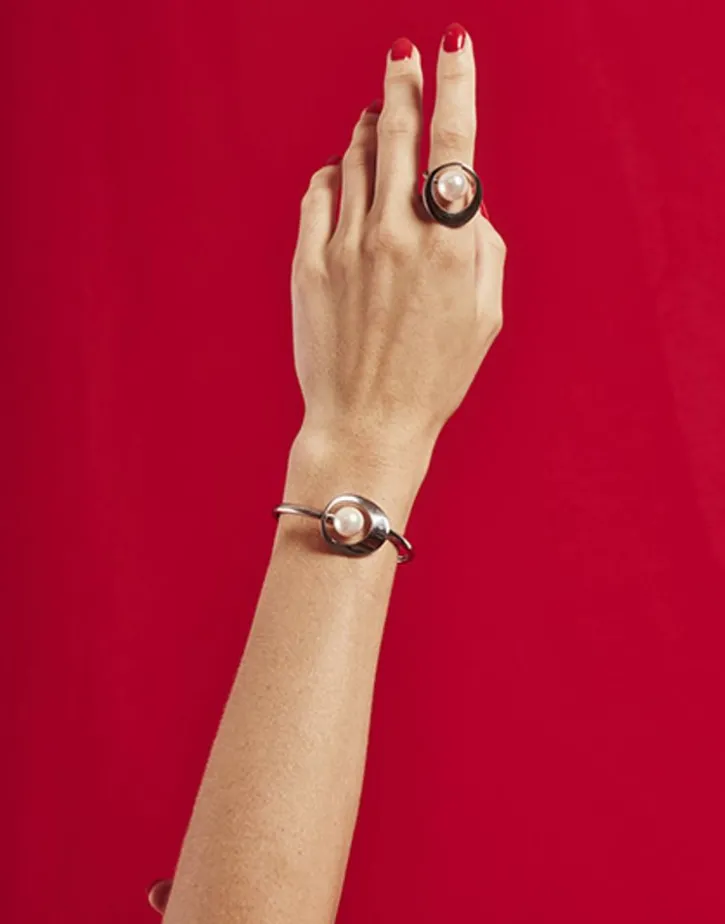 Clearance Majorica Petra Ring In Steel With Round White Pearl