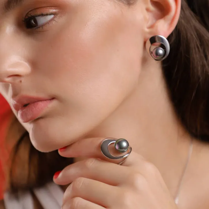 Fashion Majorica Petra Ring With Grey Pearl In Steel