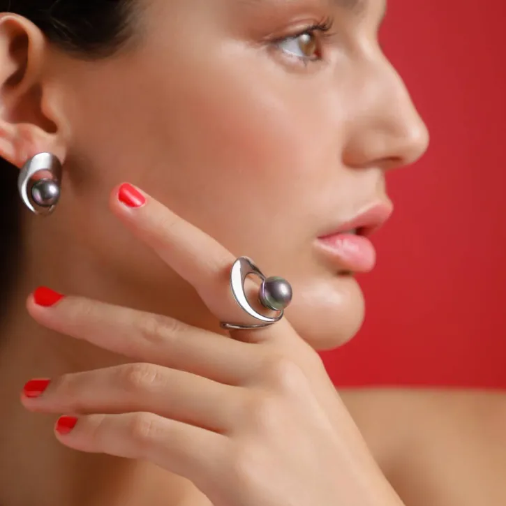Fashion Majorica Petra Ring With Grey Pearl In Steel