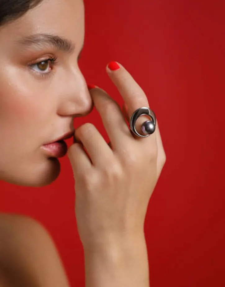 Fashion Majorica Petra Ring With Grey Pearl In Steel