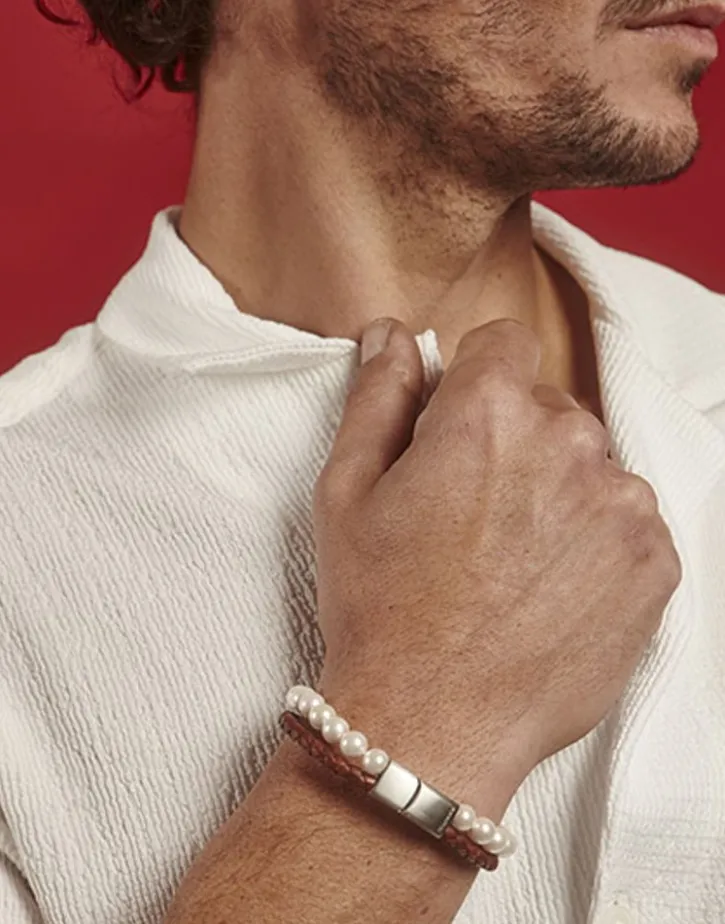 New Majorica Sailor Bracelet In Steel, Brown Leather And White Pearl 21Cm