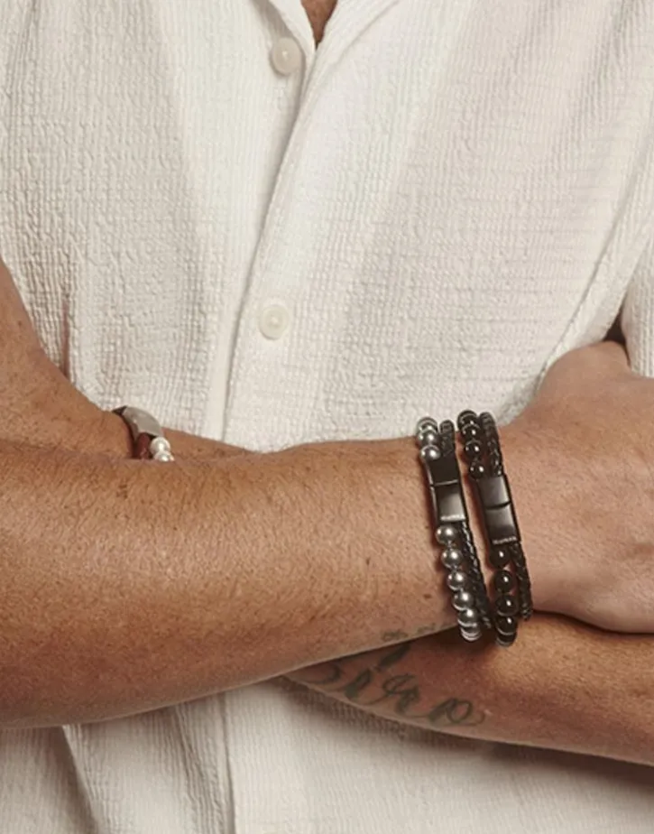 Hot Majorica Sailor Bracelet In Steel, Leather And Black Pearl 21Cm