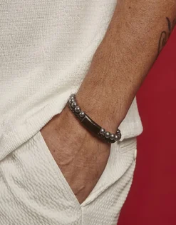 Discount Majorica Sailor Bracelet In Steel, Leather And Grey Pearl 21Cm