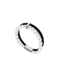 Shop Majorica Sailor Bracelet In Steel, Brown Leather And White Pearl 22Cm