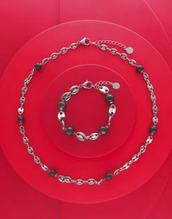 New Majorica Sailor Chain Necklace In Steel And Black Pearls