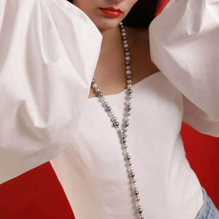 Clearance Majorica Silver Necklace Lyra 10Mm 90Cm White, Gray And Nuage