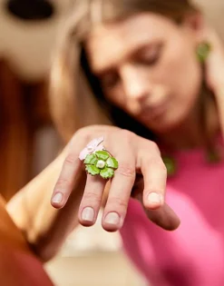 Online Majorica Silver Santorini Large Olive Green Flower Ring