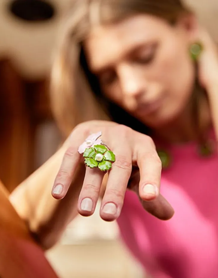 Cheap Majorica Silver Santorini Small Olive Green Flower Ring