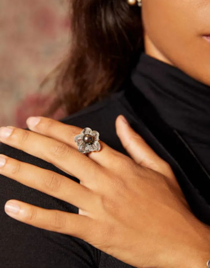 Best Sale Majorica Tahiti Pearl Ring With Flower Peregrina