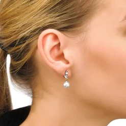 New Majorica Earrings Selene Silver With 8Mm White Pearl And Zircons